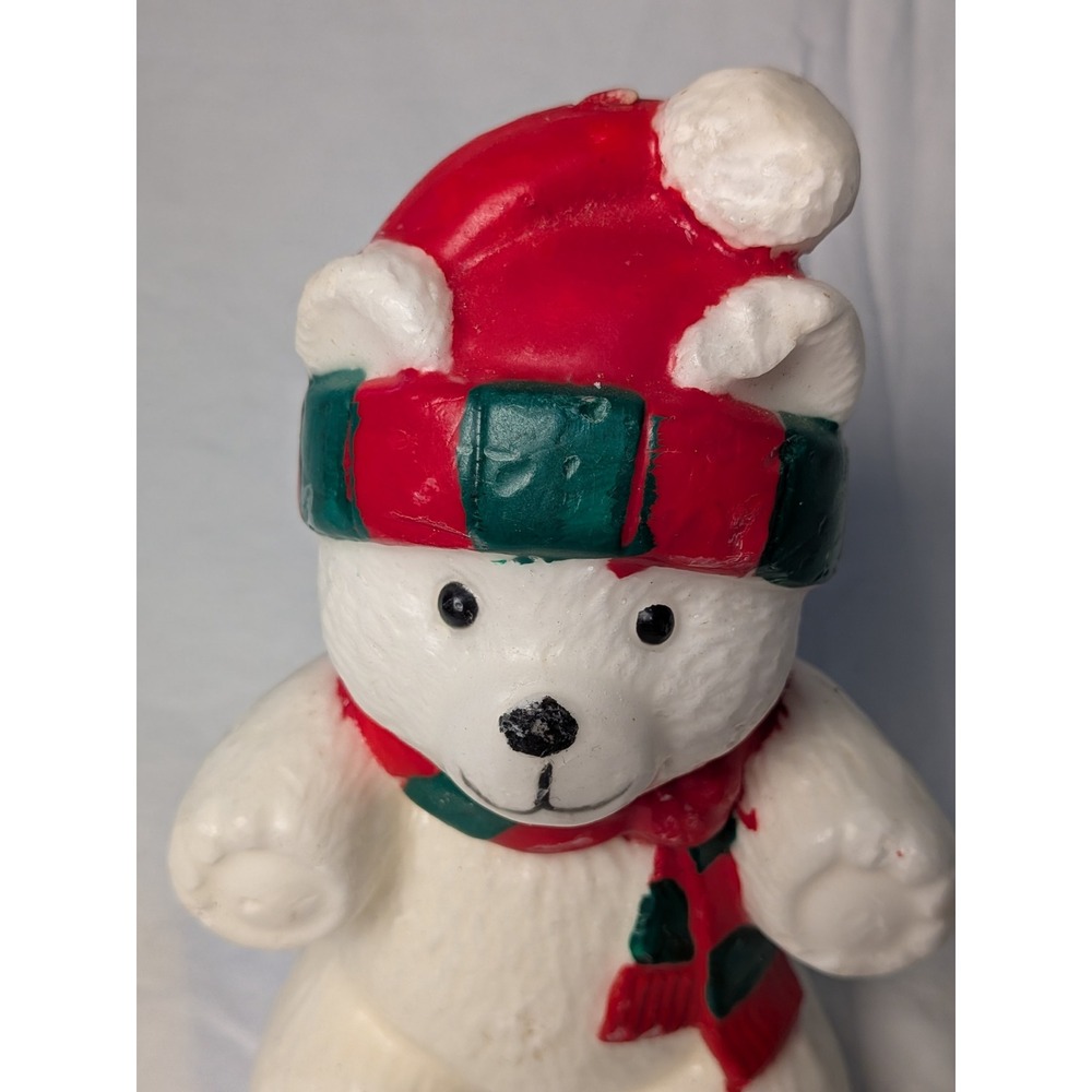 Vintage Christmas Polar Bear Wax Figurine Red Green Scarf Hat Holiday Decor - Picture 2 of 8